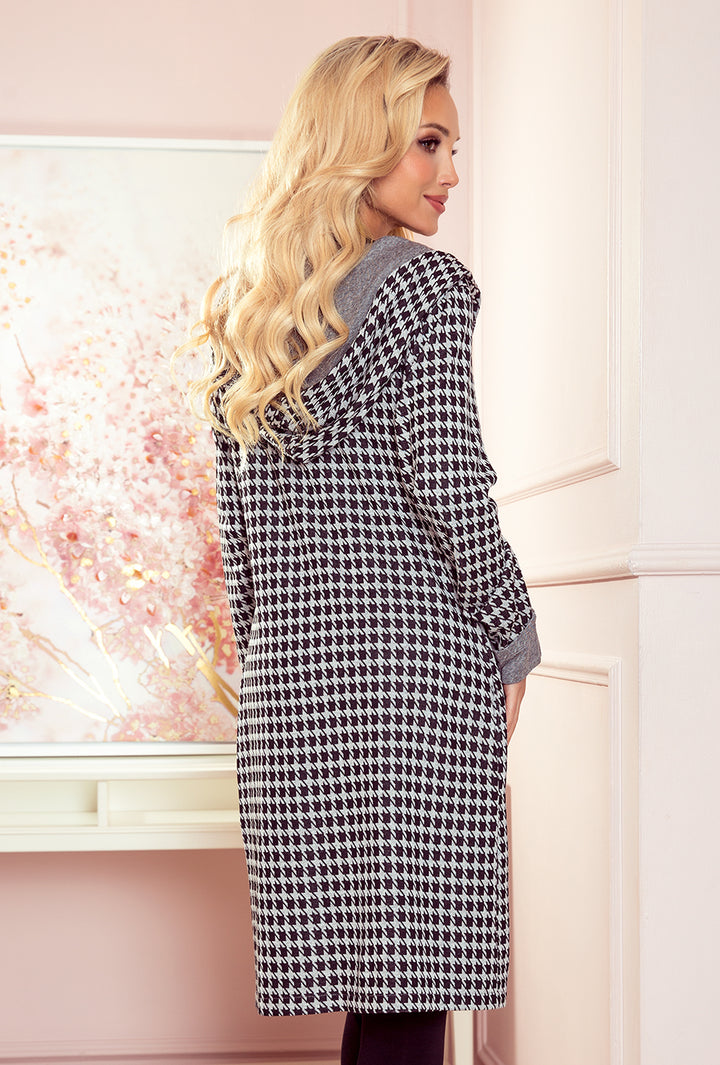 Coat with hood and pockets - houndstooth