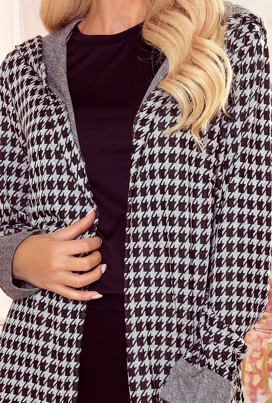 Coat with hood and pockets - houndstooth