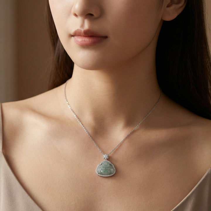 925 Sterling Silver Green Jade Laughing Buddha Necklace – Sparkling Accents in Polished Silver Tone