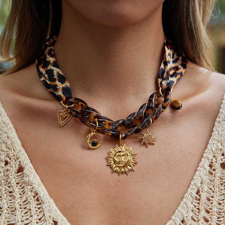 Women’s Stainless Steel Lace-Up Silk Scarf Necklace – Geometric Leopard Print Pendant