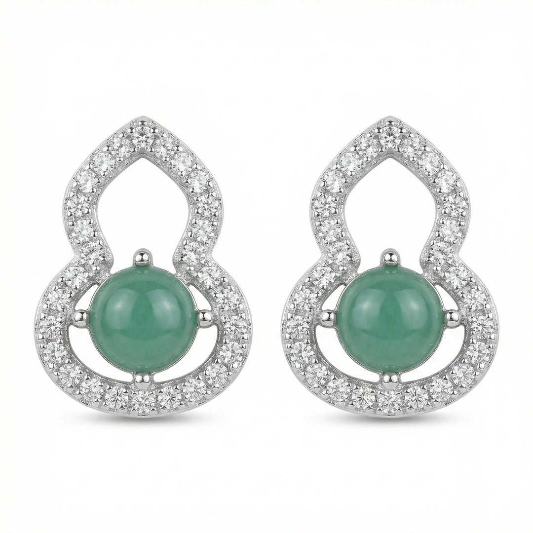925 Sterling Silver Green Gourd-Inspired "Wulu" Stud Earrings with Clear Stone Accents