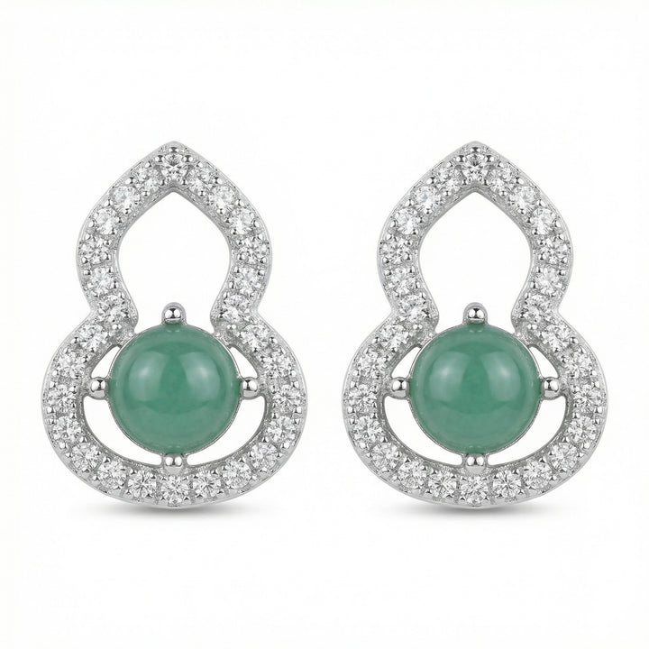 925 Sterling Silver Green Gourd-Inspired "Wulu" Stud Earrings with Clear Stone Accents