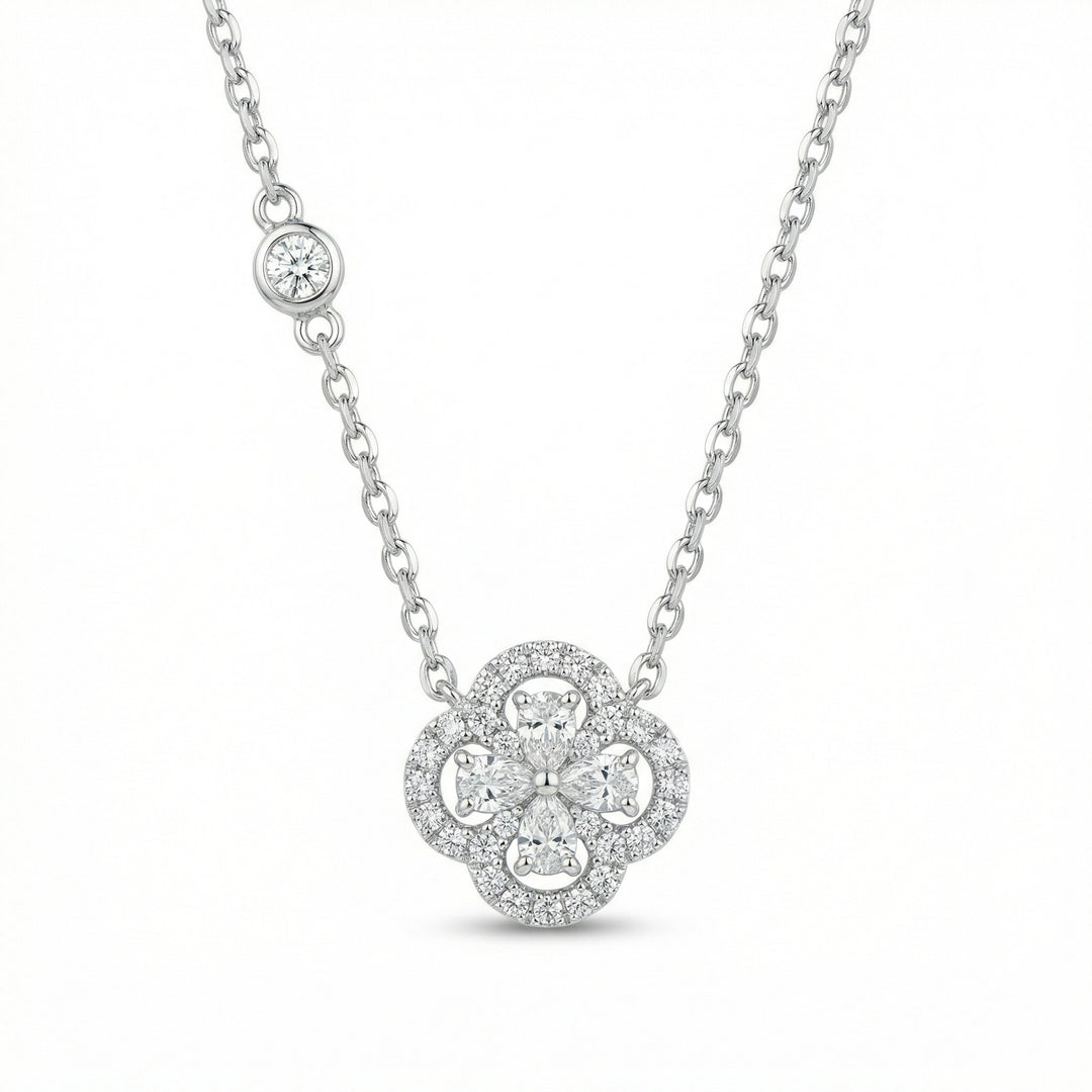 ✨ 925 Sterling Silver Radiant Diamond Clover Pendant Necklace with Sparkling Bezel-Set Accent Station ✨