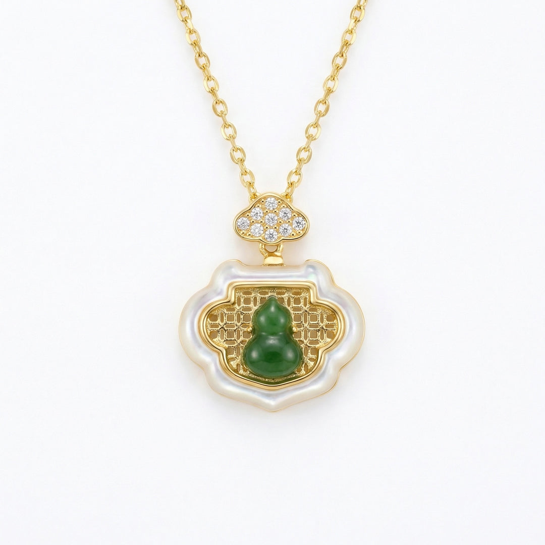 925 Sterling Silver Elegant Nephrite Jade Gourd Pendant with Diamond Cloud and Mother-of-Pearl