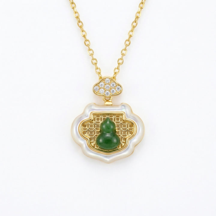 925 Sterling Silver Elegant Nephrite Jade Gourd Pendant with Diamond Cloud and Mother-of-Pearl