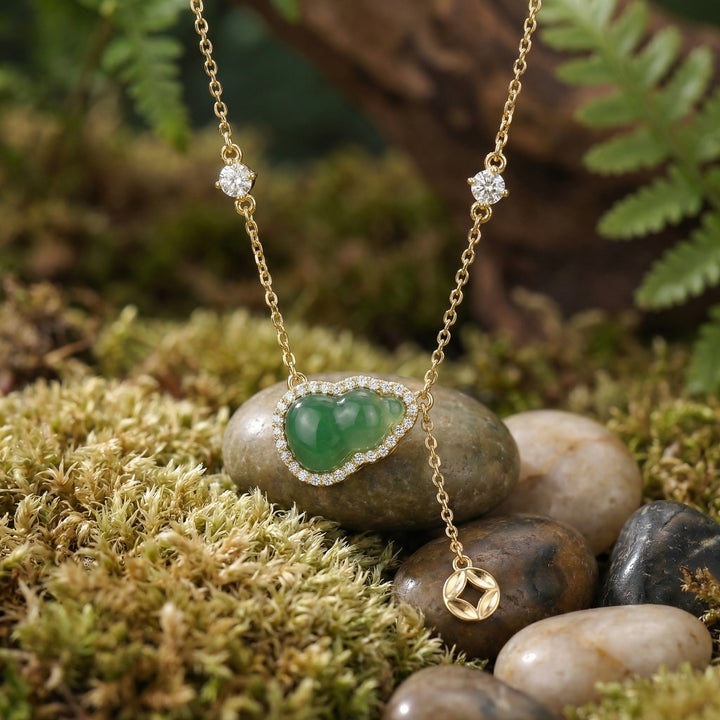 ✨ 925 Sterling Silver Auspicious Green Jade Hulu Pendant Necklace with Diamond Halo & Charm ✨