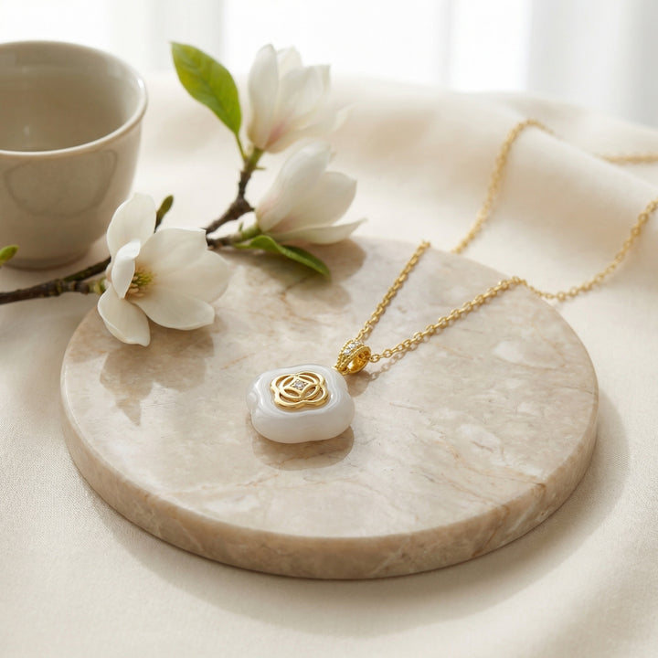 ✨ White Jade Quatrefoil Pendant Necklace
