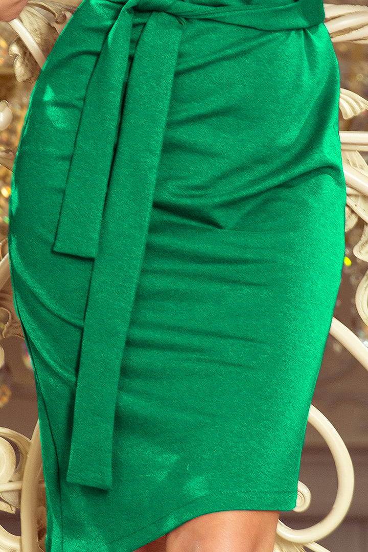 Dress with asymmetrical skirt and belt - green