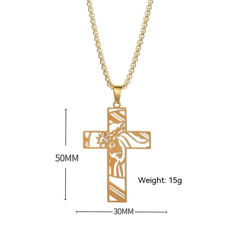 Unisex Hollow Cross Pendant Necklace – Stainless & Titanium Steel Pearl Chain