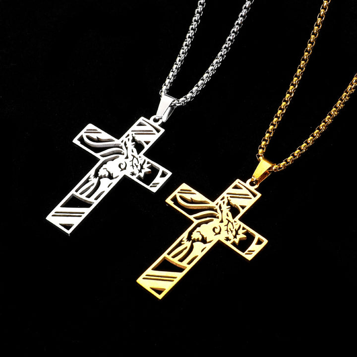 Unisex Hollow Cross Pendant Necklace – Stainless & Titanium Steel Pearl Chain