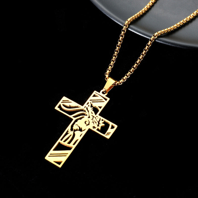 Unisex Hollow Cross Pendant Necklace – Stainless & Titanium Steel Pearl Chain