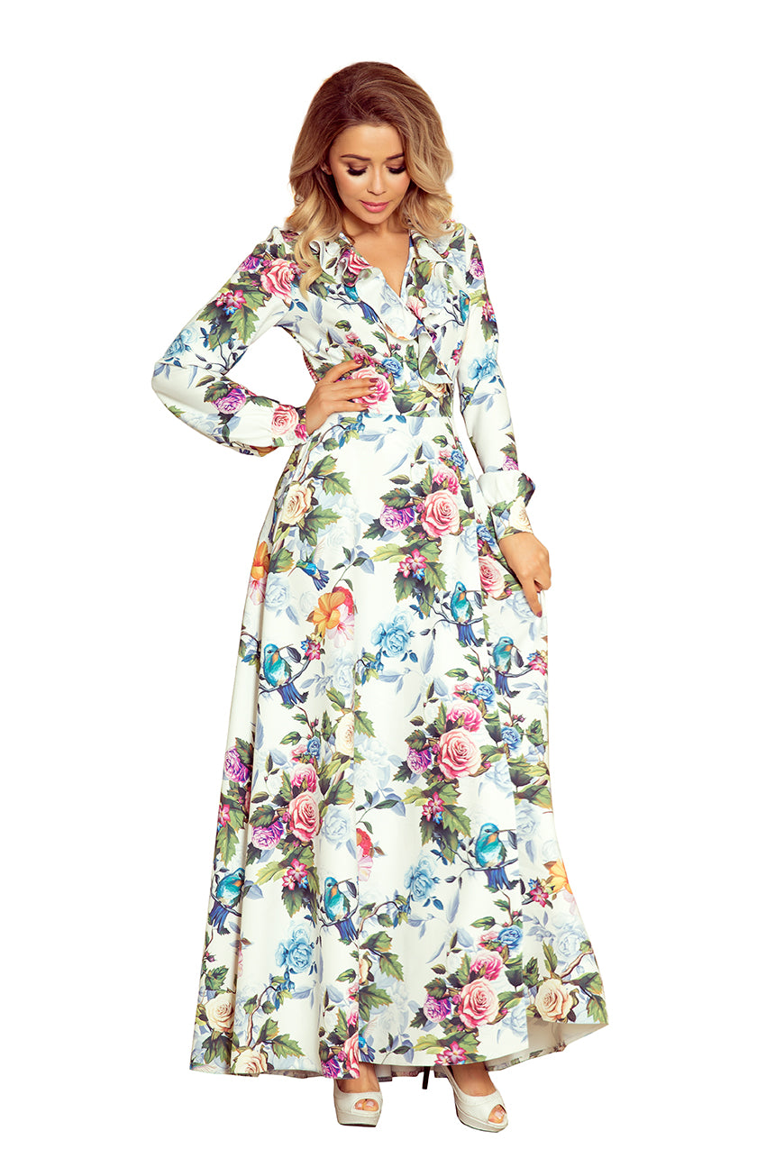 Long dress with frill and cleavage - colorful roses and blue birds