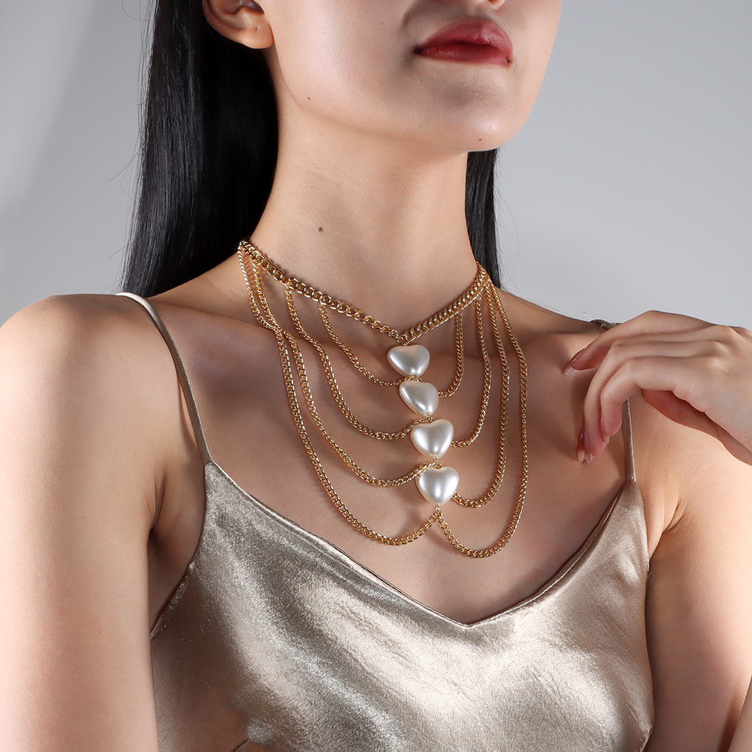 Women’s Tassel Peach Heart Pearl Necklace – Elegant Metal & Stone Jewelry