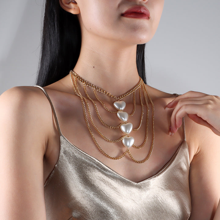 Women’s Tassel Peach Heart Pearl Necklace – Elegant Metal & Stone Jewelry