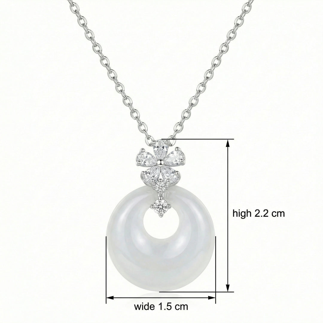 925 Sterling Silver Elegant White Round Jade Pendant Necklace with Sparkling Silver Flower Accents