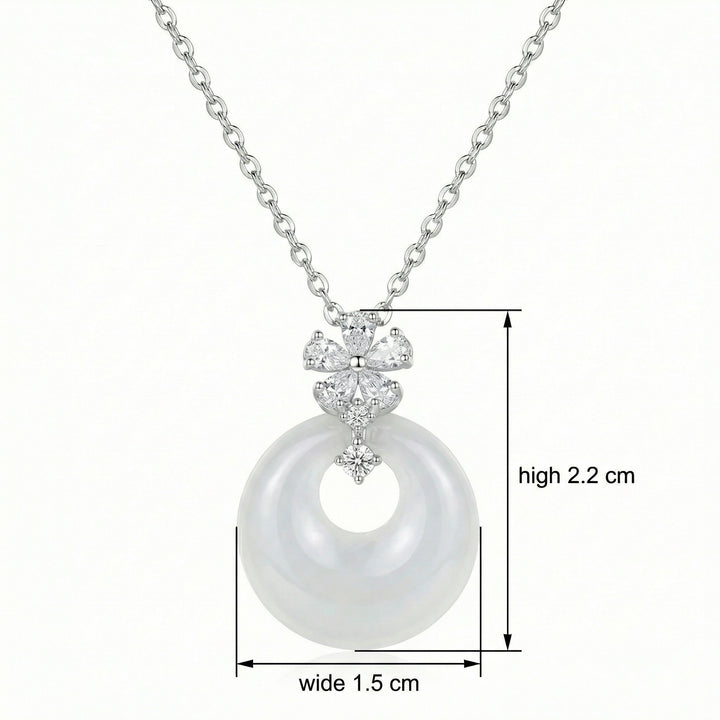 925 Sterling Silver Elegant White Round Jade Pendant Necklace with Sparkling Silver Flower Accents