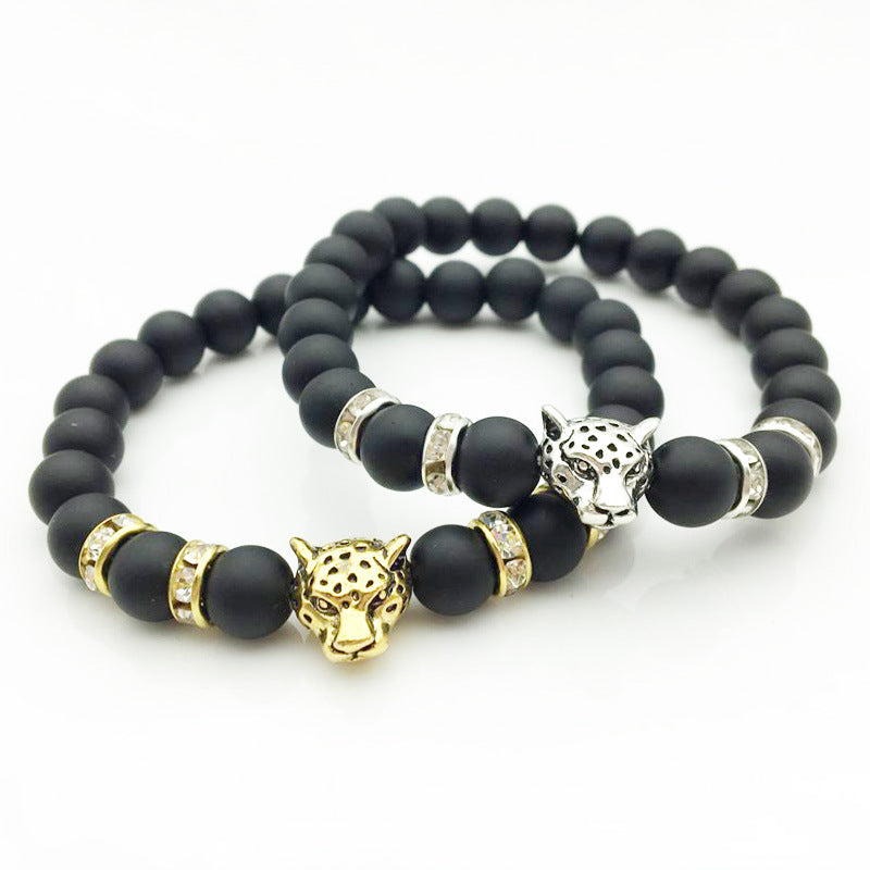 8mm Natural Lava Stone Leopard Head Bracelet for Men
