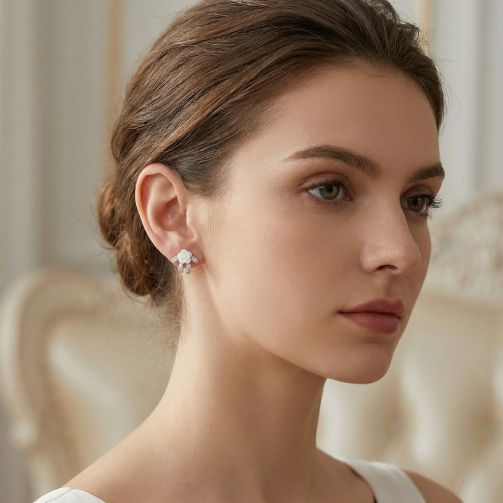 ✨ 925 Sterling Silver Mother-of-Pearl Rose & Crystal Bow Stud Earrings ✨