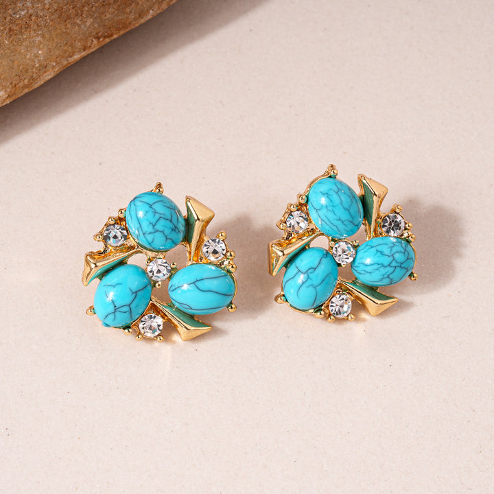 Ethnic Style Turquoise & Zircon Flower Necklace and Earrings  – Women’s Jewelry