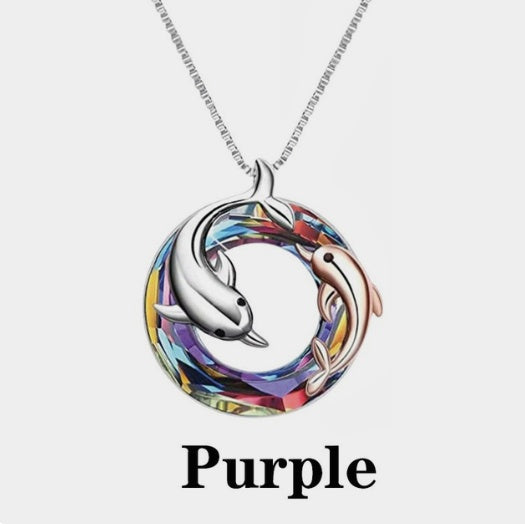 Women’s Colorful Circle Crystal Dolphin Pendant Necklace – Stylish Alloy Jewelry