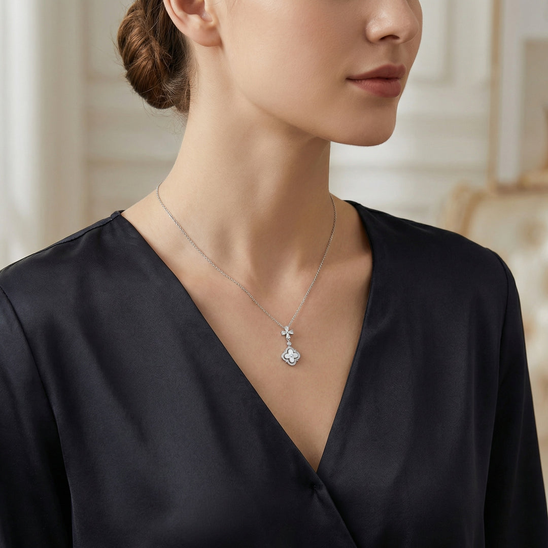 925 Sterling Silver Mother-of-Pearl Quatrefoil Necklace with Sparkling Stone Accents