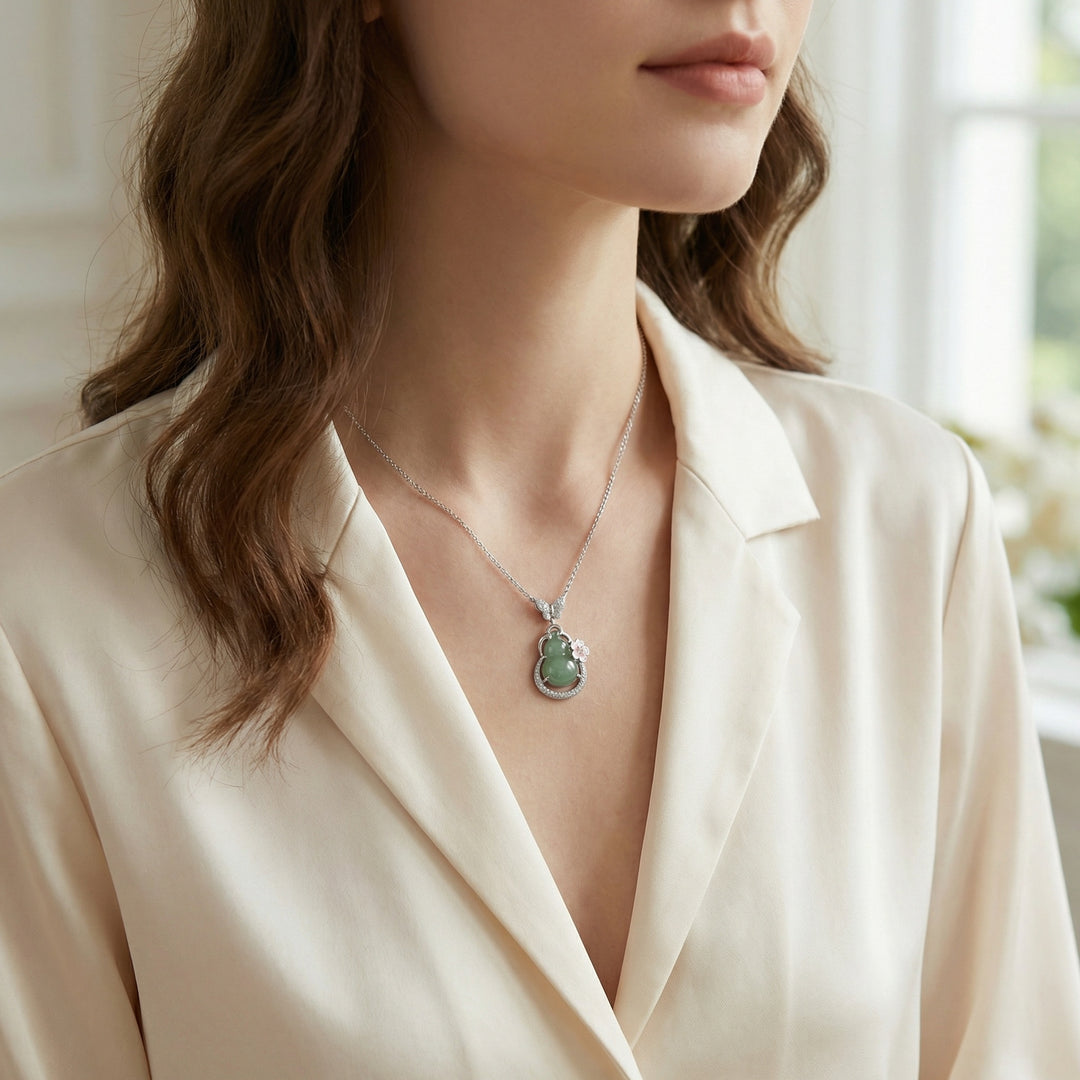 925 Sterling Silver Green Jade Gourd Necklace – Butterfly Bail & Pink Blossom Pendant