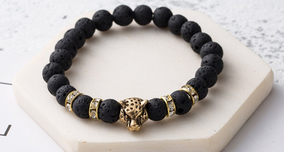 8mm Natural Lava Stone Leopard Head Bracelet for Men