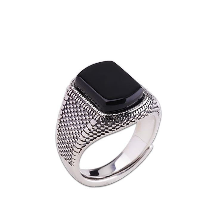S925 Sterling Silver Black Agate Ring – Elegant Dazzle Statement Jewelry