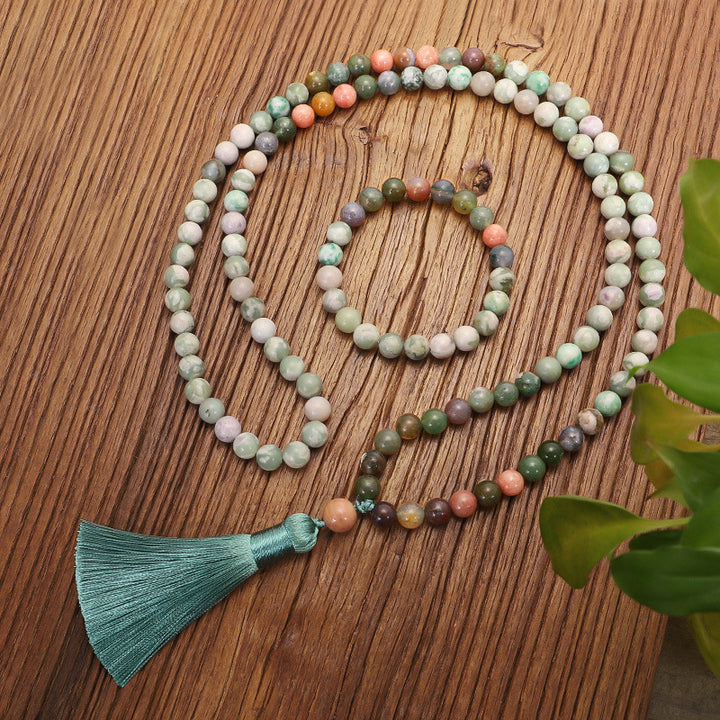 108 Natural Stone Tassel Necklace – Indian Agate Bohemian Style