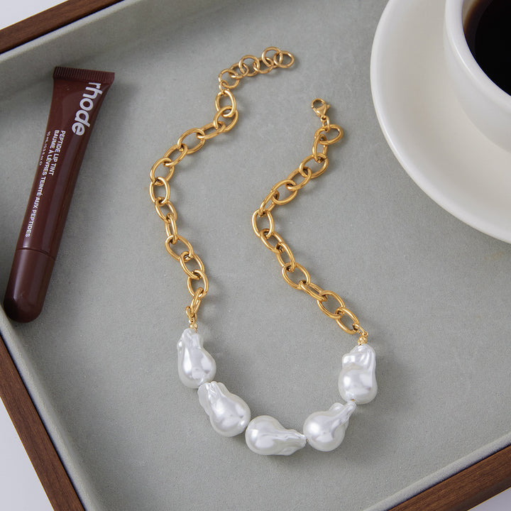Elegant 18K Gold Stainless Steel Baroque Pearl Necklace – Chanel-Inspired Geometric Jewelry for Women