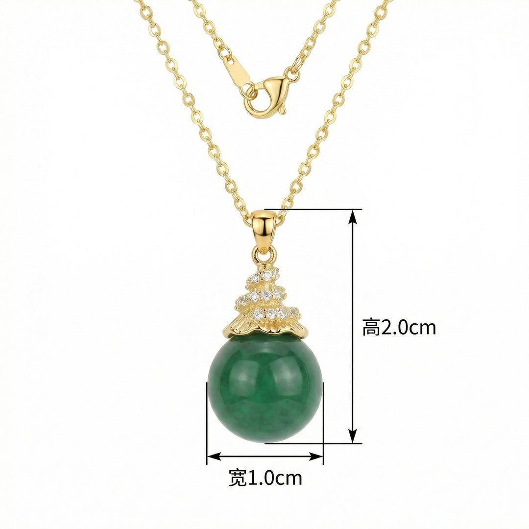 925 Sterling Silver Round Green Jade Pendant Necklace – Sparkling Accents on Delicate Chain