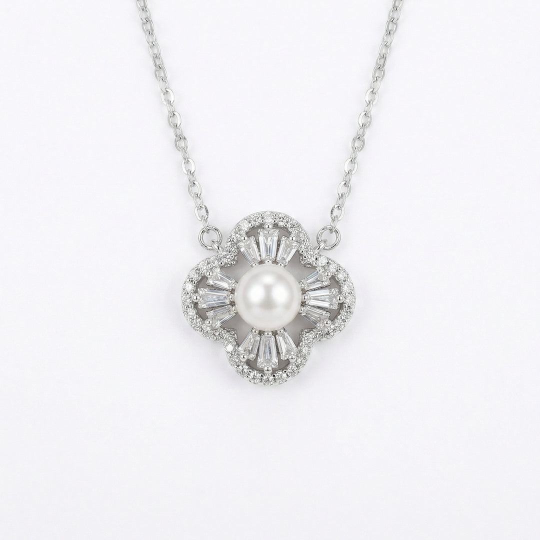 ✨ 925 Sterling Silver Elegant Floral Pearl Pendant Necklace with Sparkling Accents ✨