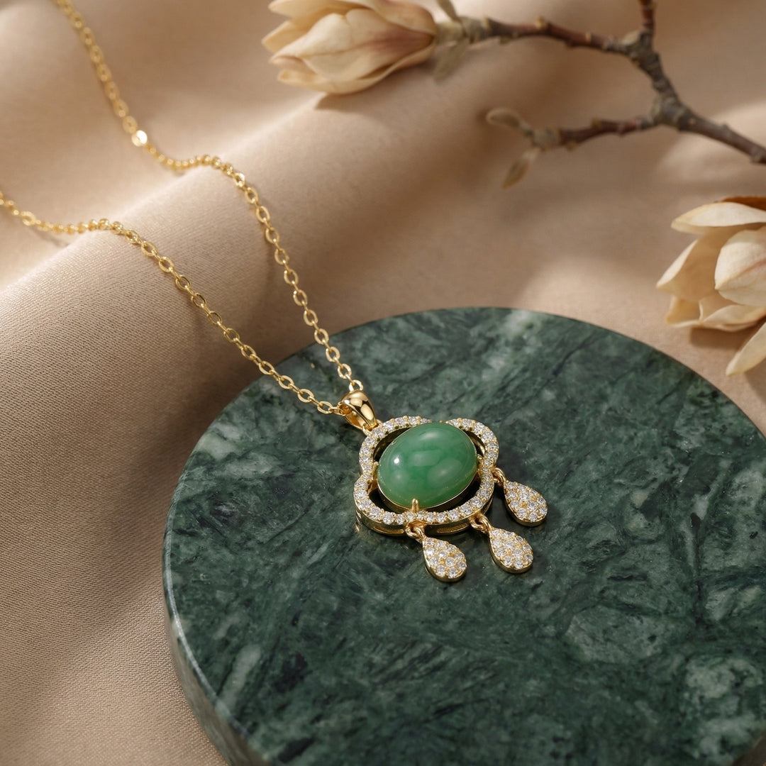 ✨ 925 Sterling Silver Elegant Jadeite Pendant Necklace with Sparkling Accents and Droplet Charms ✨