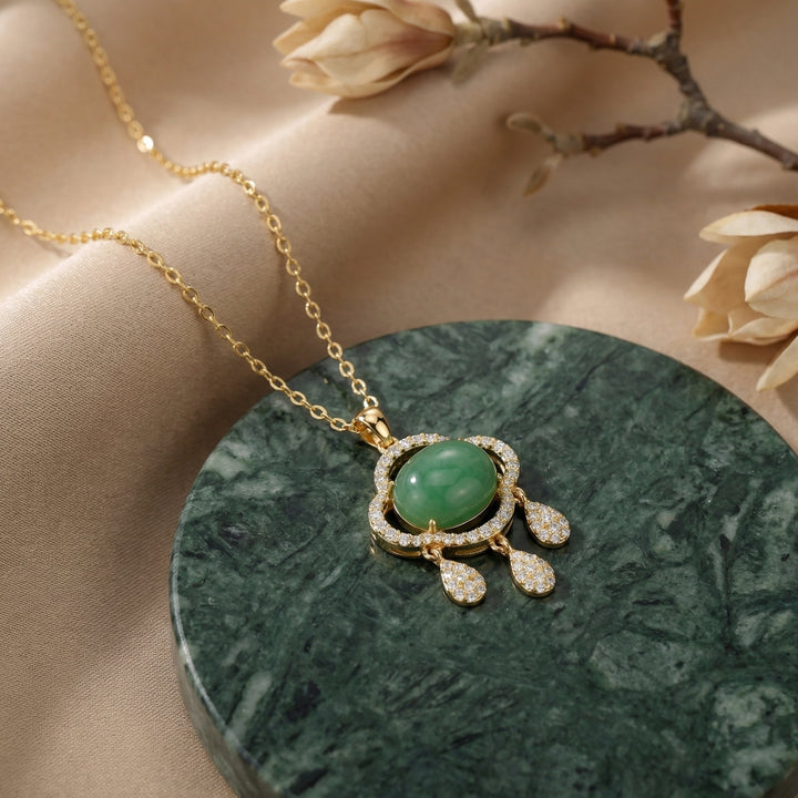✨ 925 Sterling Silver Elegant Jadeite Pendant Necklace with Sparkling Accents and Droplet Charms ✨