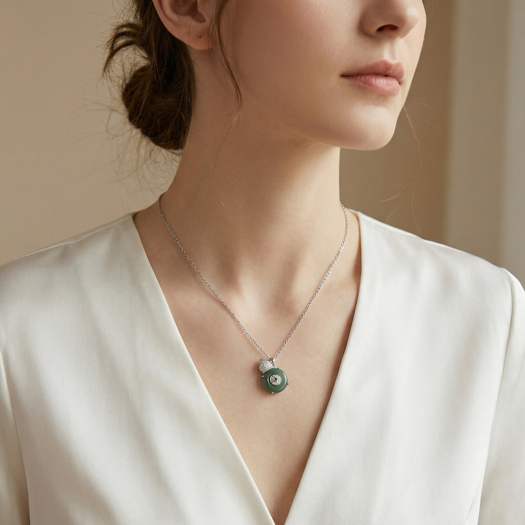 925 Sterling Silver Elegant Green Jade Hulu Gourd Pendant Necklace with Pavé Crystal Accents