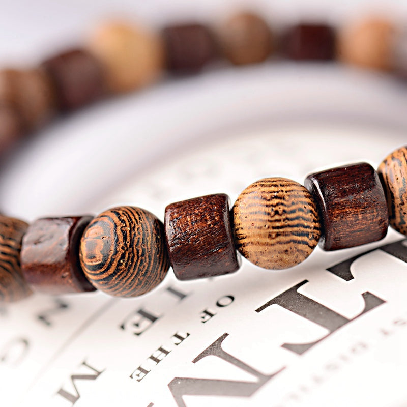 Vintage Wooden Bead Bracelet – Unisex Geometric Design