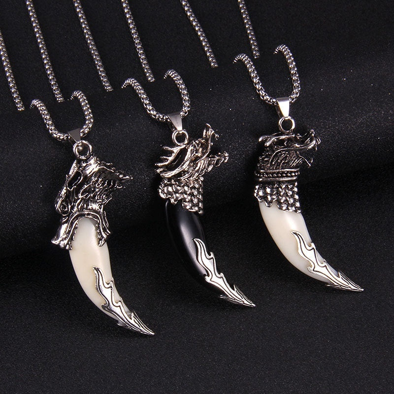 Bold Wolf Tooth & Dragon Head Necklace – Stainless Steel Pendant Jewelry