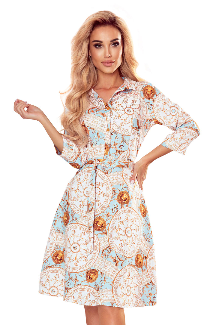 Flared shirt dress - white and gold circles