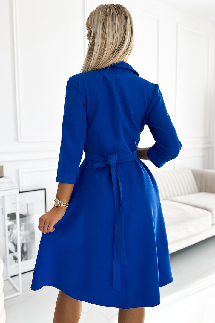 Flared shirt dress with a belt - blue