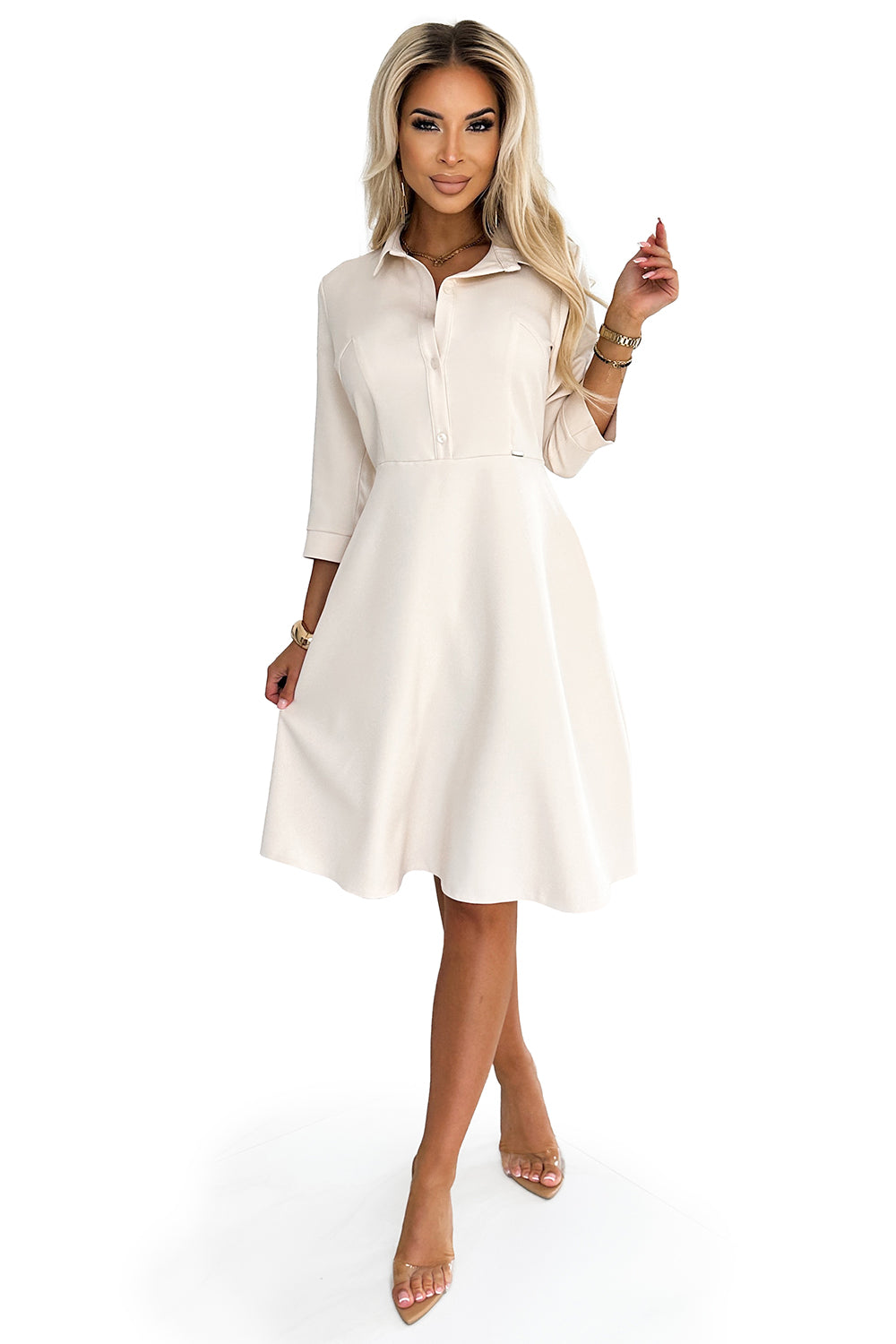 Flared shirt dress with a belt - beige