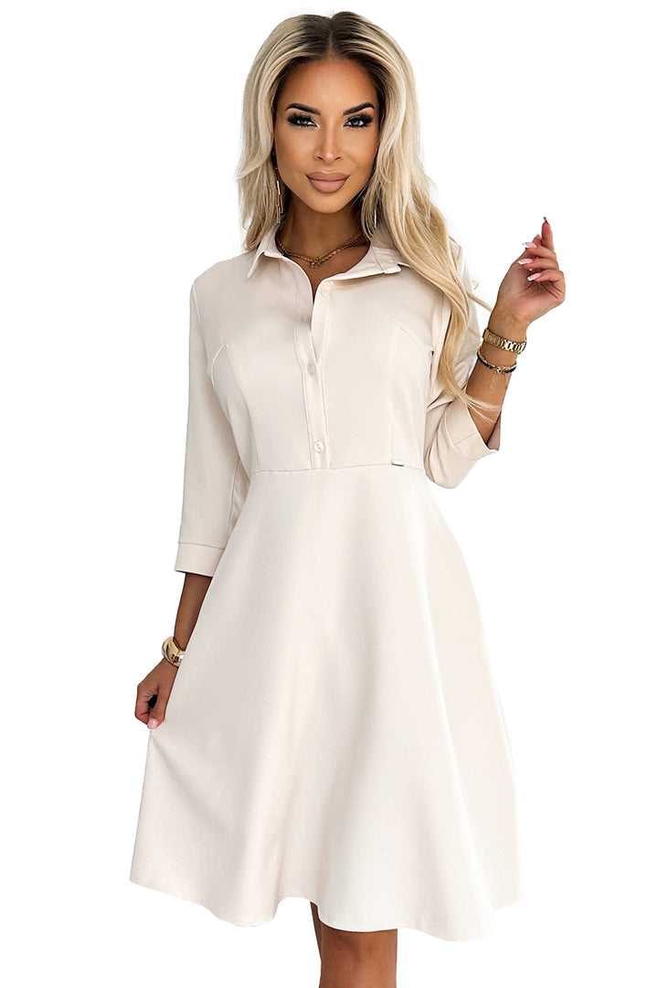 Flared shirt dress with a belt - beige