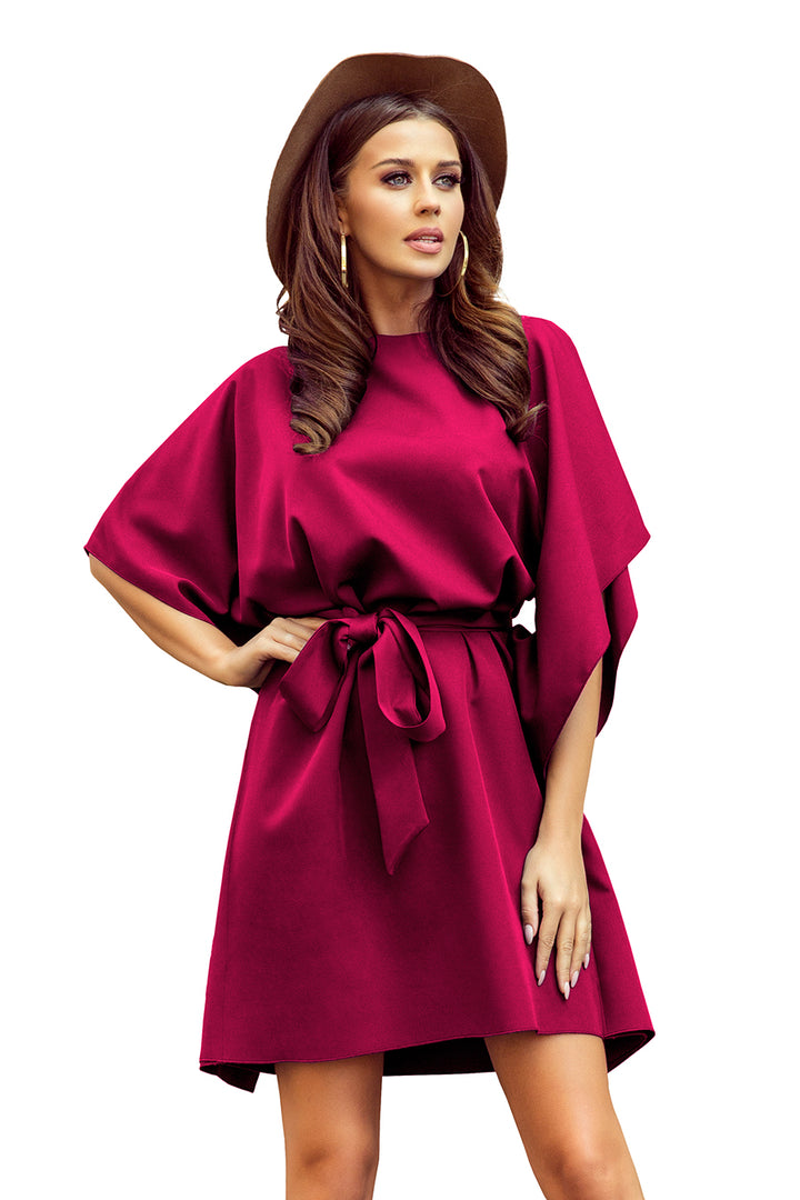 SOFIA Butterfly dress with a binding at the waist - Burgundy color