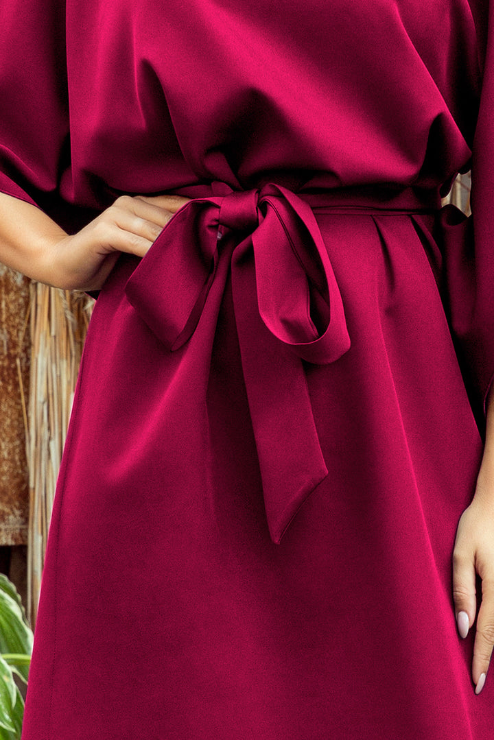 SOFIA Butterfly dress with a binding at the waist - Burgundy color