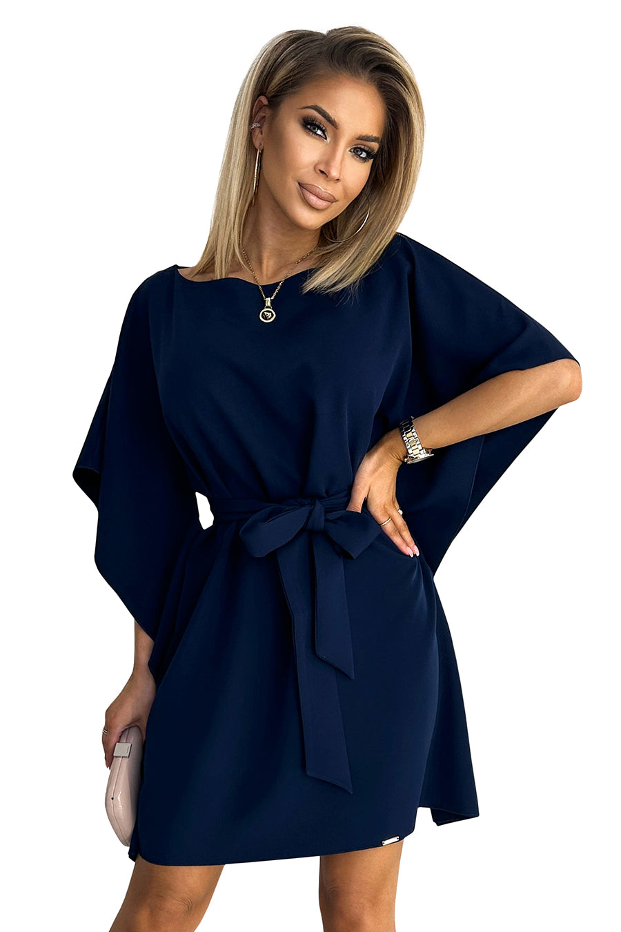 SOFIA Butterfly dress with a binding at the waist - navy blue