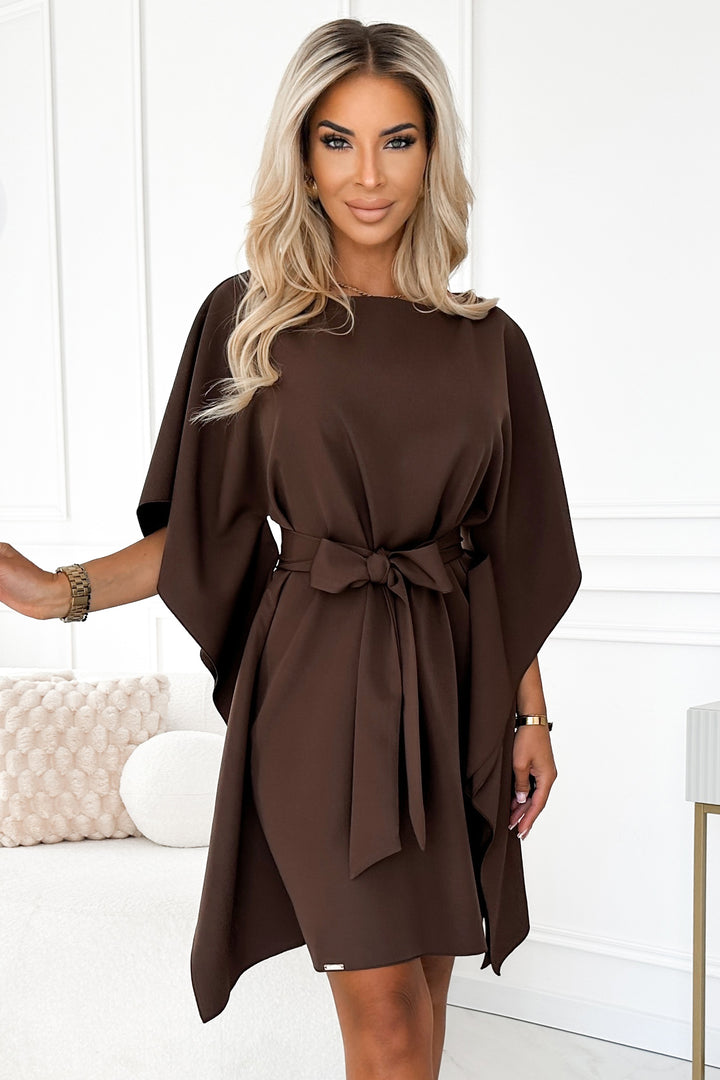 SOFIA Butterfly dress with a binding at the waist - chocolate color