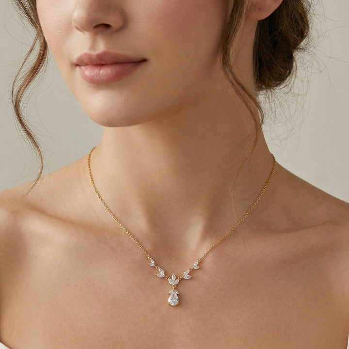 925 Sterling Silver Marquise & Pear-Cut Floral Teardrop Pendant Necklace for Women