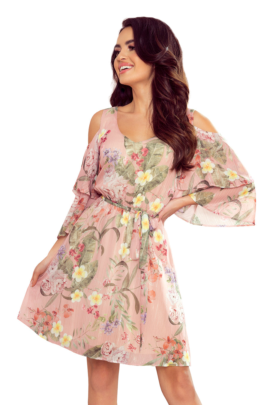 Flimsy dress with a neckline - pink with flowers