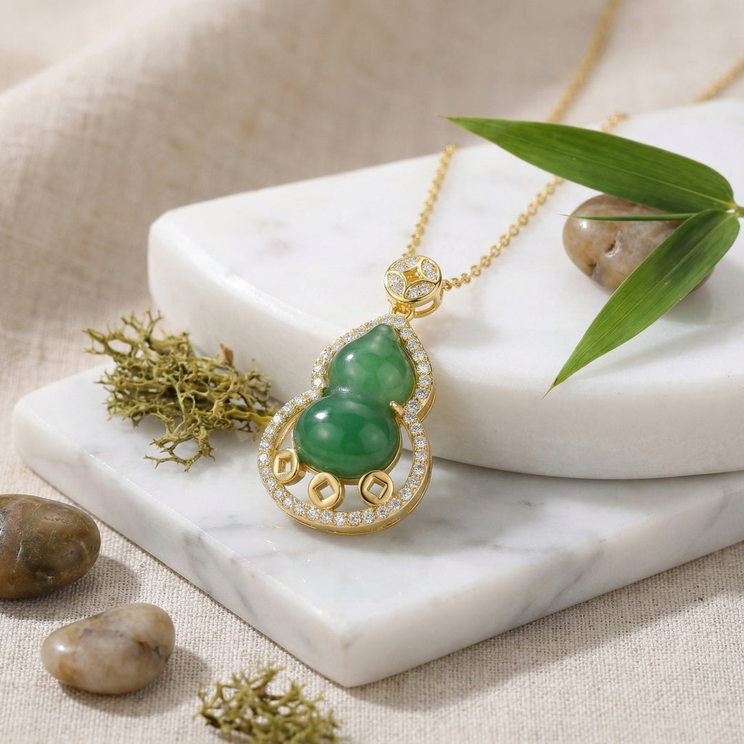 925 Sterling Silver Jadeite Gourd Pendant Necklace with Diamond Halo and Lucky Coin Motifs
