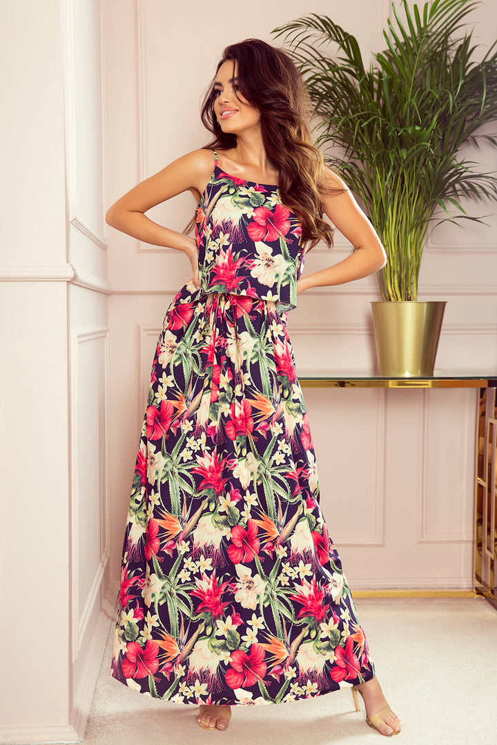 A long summer dress with straps - red flowers