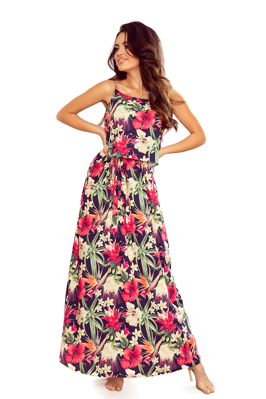 A long summer dress with straps - red flowers